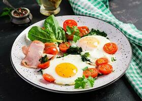 plato con un ceto dieta alimento. frito huevo, jamón, espinaca, y Tomates. ceto, paleo desayuno. foto