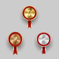Champion Gold, Silver and Bronze Medal with Red Ribbon Icon Sign First, Secondand Third Place Collection Set Isolated on White Background vector