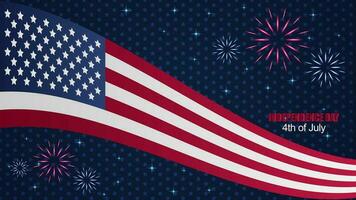 American flag with fireworks background, vector illustration. Independence day of USA.