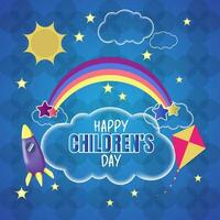 contento para niños día con cohete, cometa, estrella, arcoíris, nube, Dom en azul antecedentes. vector
