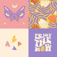 Set of 4 square groovy retro 70s style cards with retro lettering text Enjoy the now, anstract flowers and butterfly. Cool Hippie Prints ideas for Poster, Wall Art. Flat vector illustration.