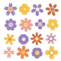 Set of Groovy flowers with grain texture. Funny daisy collection. Sticker pack in trendy retro trippy style. Isolated flat vector illustration. Hippie 60s, 70s style.