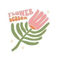 Flower season - 70s retro groovy print with vintage text for growing people design. Abstarct Daisy flat vector illustration with inspirational slogan typography