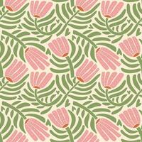 70s style retro botanical seamless pattern. Abstract groovy flowers with leaves and branches. Flat vector Hand drawn floral vintage print for fabric, wallpaper, packaging, wrapping paper
