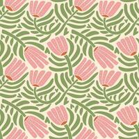 70s style retro botanical seamless pattern. Abstract groovy flowers with leaves and branches. Flat vector Hand drawn floral vintage print for fabric, wallpaper, packaging, wrapping paper