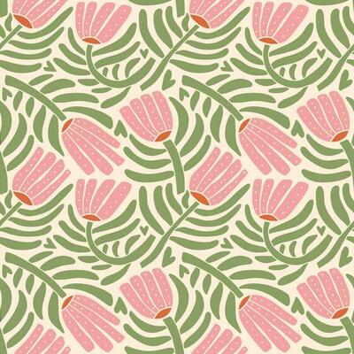 70s style retro botanical seamless pattern. Abstract groovy flowers with leaves and branches. Flat vector Hand drawn floral vintage print for fabric, wallpaper, packaging, wrapping paper