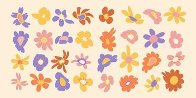 Set of cute hippie groovy colorful daisy flowers in distorted style. Fashionable flat vector collection in 60s - 80s style.