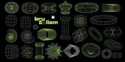 Set of abstract linear aesthetic y2k geometric elements and wireframe shapes. Retro grid line design elements collection in brutalism style. Vector illustration for social media design or posters