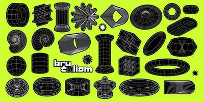 Stickers pack with different linear brutalism form. Set of strange geometric wireframes vector 3d geometric shapes, distortion and transformation of figure, y2k vintage design elements.