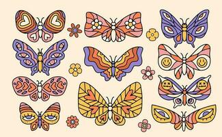 Set of retro groovy butterflies in trendy 60s 70s style. hand drawn linear vector illustration.