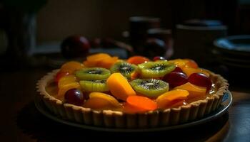 Sweet berry tart on wooden plate indoors generated by AI photo