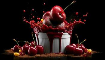 Dark chocolate cupcake with raspberry icing indulgence generated by AI photo