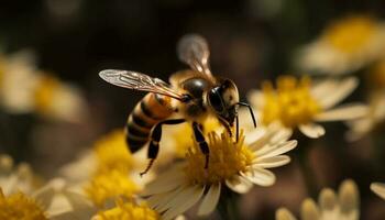 Busy honey bee picking up pollen from daisy generated by AI photo