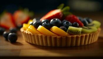 Fresh berry tart, creamy cheesecake indulgence on wood generated by AI photo