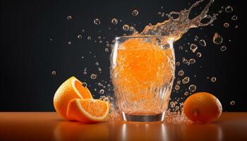 Juicy citrus slice splashing in refreshing drinking glass generated by AI photo