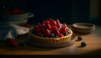 Fresh berry tart on rustic wooden table generated by AI photo