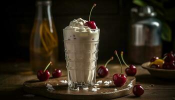 Sweet berry cocktail on rustic wooden table generated by AI photo