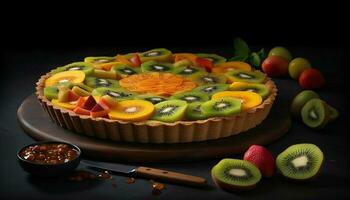 Sweet pie slice with kiwi and berries generated by AI photo