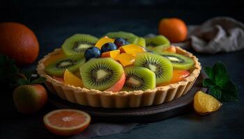 Healthy kiwi slice on rustic wooden plate generated by AI photo