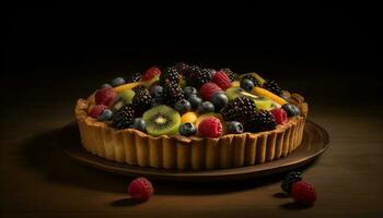Sweet berry cheesecake indulgence on wooden table generated by AI photo
