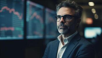 Confident businessman in suit with eyeglasses indoors generated by AI photo