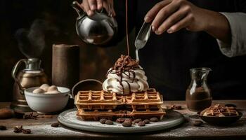 Freshly baked chocolate waffles stacked on plate generated by AI photo