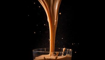 Smooth chocolate pouring, splashing in drinking glass generated by AI photo