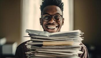 Smiling businessman holding paperwork, looking at camera generated by AI photo