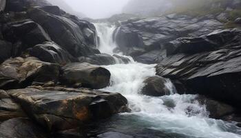 Tranquil scene of flowing water in forest generated by AI photo