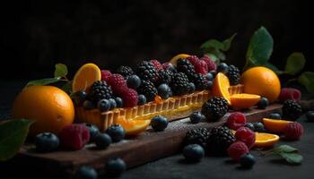 Fresco orgánico baya postre en rústico de madera mesa generado por ai foto