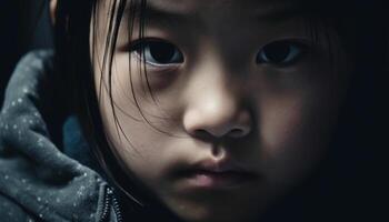 Sadness in children eyes, captured in portraits generated by AI photo