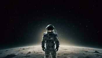 Futuristic men explore galaxy in space shuttle generated by AI photo