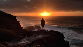 en pie silueta retroiluminado por amanecer en acantilado generado por ai foto