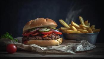 A la parrilla carne de vaca hamburguesa con papas fritas y salsa de tomate generado por ai foto