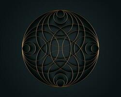 Gold Luxury Sacred Mandala template. Round design element isolated on black background. Circle pattern in golden color. Vector illustration for logo, monogram, web-design, decoration, business