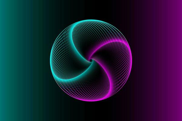 3D sphere design, elegant logo glowing circle. Abstract neon tunnel. Twisted lines. Spectrum Space tunnel in blue and pink flower vivid color. Vector illustration isolated on gradient background