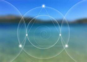 Interlocking circles, triangles and spirals hipster sacred geometry illustration with golden ratio, fibonacci spiral. Vector isolated on blue sea landscape background.