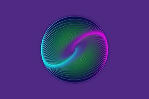 3D sphere design, elegant logo glowing circle. Abstract neon tunnel. Twisted lines. Spectrum Space tunnel in blue and pink vivid color. Vector illustration isolated on purple background