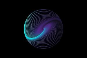 3D sphere design, elegant logo glowing circle. Abstract neon tunnel. Twisted lines. Spectrum Space tunnel in blue and purple vivid color. Vector illustration isolated on black background