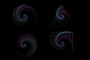 Set of twisted colored spirals. Sacred geometry. Tunnel with lines in the form of a triangle, square, circle and heptagon. Vector geometric fractal element in vivid color gradient on black background