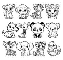 Black and White Cartoon Jungle Animals vector