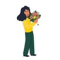 Woman holding flower bouquet. Vector illustration in flat cartoon style on white background.