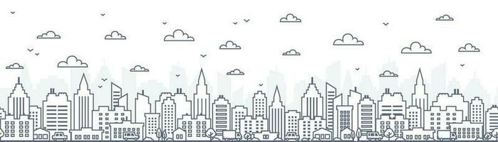 Cityscape horizontal seamless pattern - urban landscape with skyscrapers in linear style on white background. Thin line vector illustration.