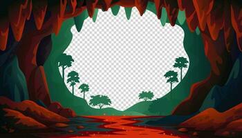 Jungle vector landscape. Cave landscape with an underground red river and forest. Vector illustration in flat cartoon style