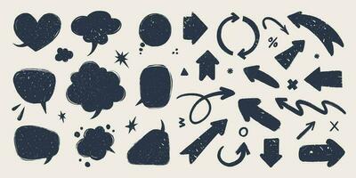 Abstract arrows and Speech bubbles set. Various doodle arrows and talk balloons with grunge texture. Hand-drawn abstract vintage infographic Vector collection.