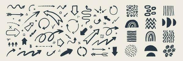 Abstract arrows and organic shapes set. Various doodle arrows and art elements with grunge texture. Hand-drawn abstract infographic Vector collection.