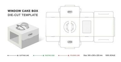 Cake box die cut template with window patching. packaging die cut template design. 3d mock-up vector