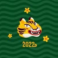 Tiger new year card, happy 2022 new year card with tiger s face the symbol of Chinese new year. Organic flat style vector illustration.