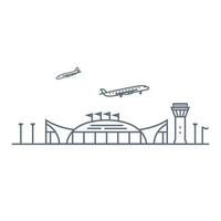 Airport line vector icon - airport terminal building and planes linear pictogram isolated on white background. Vector illustration.