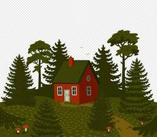 Forest landscape. Woods landscape with Red cabin vector